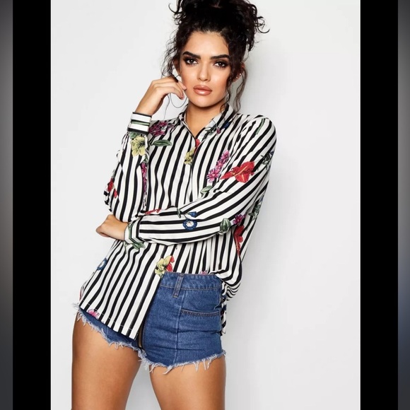 Boohoo Striped Floral Button Down Shirt US 10 - Picture 1 of 8
